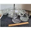 Image 1 : Clear glass punch bowl with 8 cups. Various other glassware.