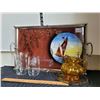 Image 1 : Vintage metal rim, glass top tray, etched glasses, amber creamer