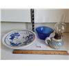 Image 1 : Pottery bowl & small oil lamp with nice cobalt blue bowl.