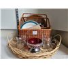 Image 1 : Wicker serving tray & utensil basket, vintage mugs & red bowl.