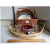 Image 2 : Wicker serving tray & utensil basket, vintage mugs & red bowl.