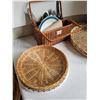 Image 5 : Wicker serving tray & utensil basket, vintage mugs & red bowl.