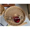 Image 6 : Wicker serving tray & utensil basket, vintage mugs & red bowl.