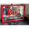 Image 1 : Portable electric Bud Beer Sign. Lights up nice, some damage.