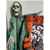 Image 10 : Halloween lot. Door hanger, plaster skull, hooded skeleton, crashing witch & orange hair hat.