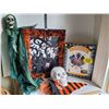 Image 1 : Halloween lot. Door hanger, plaster skull, hooded skeleton, crashing witch & orange hair hat.
