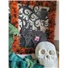 Image 3 : Halloween lot. Door hanger, plaster skull, hooded skeleton, crashing witch & orange hair hat.
