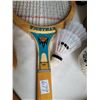 Image 2 : Vintage Wightman wood tennis racquet. Sports lot in wicker basket, vintage wood handle jump rope, so