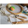 Image 5 : Vintage Wightman wood tennis racquet. Sports lot in wicker basket, vintage wood handle jump rope, so