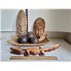 Image 1 : Rope dish with wood tribal masks, wood parrot, alligator & ornamental wooden balls.
