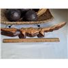 Image 4 : Rope dish with wood tribal masks, wood parrot, alligator & ornamental wooden balls.