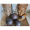 Image 6 : Rope dish with wood tribal masks, wood parrot, alligator & ornamental wooden balls.