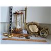 Image 1 : Old brass hour glass , bell alarm clock & miniatures.