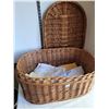 Image 1 : Large wicker basket with lid, plus vintage table cloths.