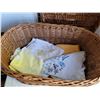 Image 3 : Large wicker basket with lid, plus vintage table cloths.
