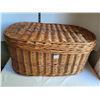 Image 4 : Large wicker basket with lid, plus vintage table cloths.