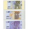 Image 2 : Lot of 5 one-sided Specimen Euro notes: 20 Euro, 50 Euro, 100 Euro. 200 Euro and 500 Euro.