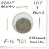 Image 1 : Great Britain. 1915 World War I Silver 3 Pence. Sterling Silver. F-12.