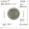 Image 1 : Great Britain. 1943 World War II Silver 6 Pence. VF-30 with lustre.