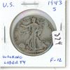 Image 1 : U.S. 1943S Walking Liberty Silver Half Dollar. San Francisco Mint. F-12.