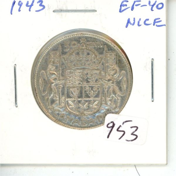 1943 George VI Silver 50 Cents.  World War II issue. EF-40.