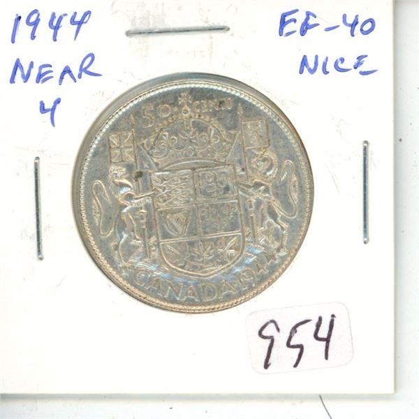 1944 Near 4 George VI Silver 50 Cents. World War II issue EF-40.