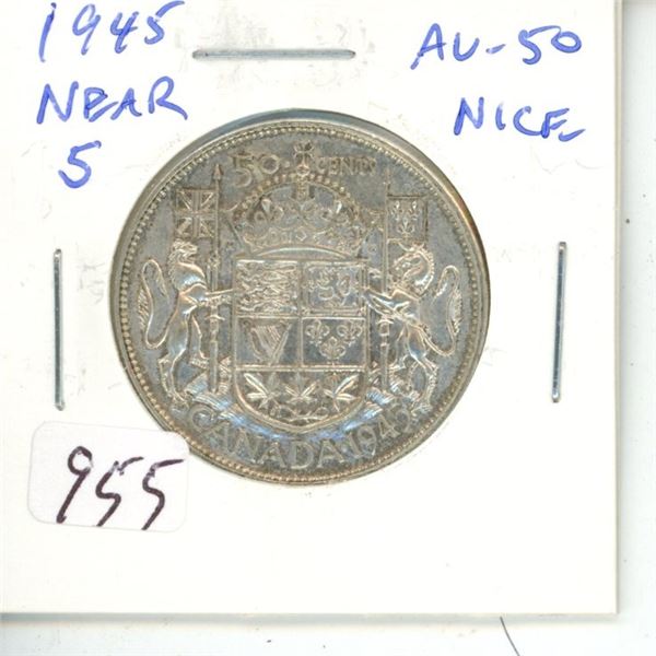 1945 Near 5 George VI Silver 50 Cents. World War II issue. AU-50.