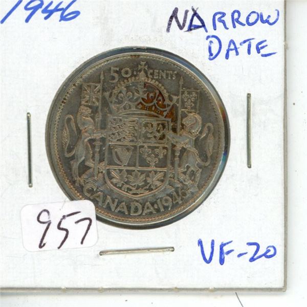 1946 Narrow Date George VI Silver 50 Cents. VF-20.