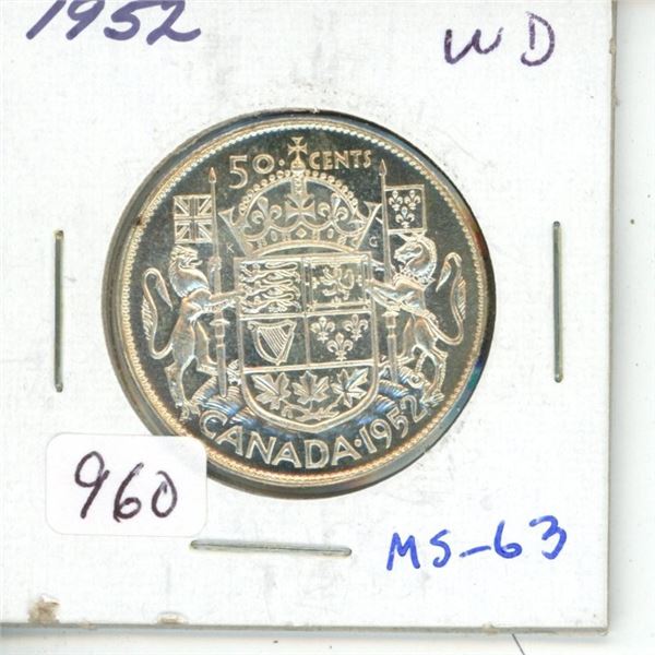 1952 Wide Date George VI Silver 50 Cents. The last issue of King George VI. MS-63. Fully Lustrous.