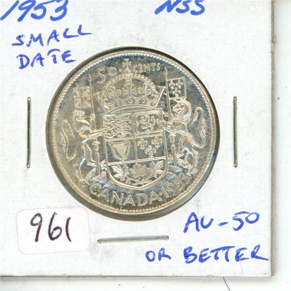 1953 Small Date No Shoulder Fold Silver 50 Cents. AU-50 or better.