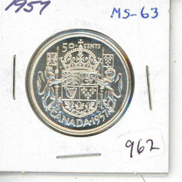 1957 Silver 50 Cents. MS-63. Fully Lustrous.