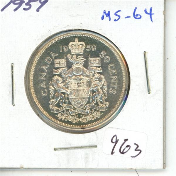 1959 Silver 50 Cents. MS-64. Fully Lustrous.
