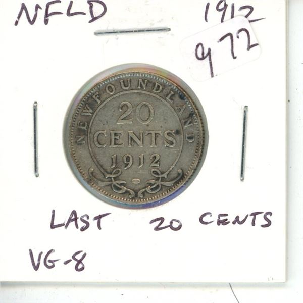 Newfoundland. 1912 Silver 20 Cents. The last and only Silver 20 Cents issued for King George V. Mint