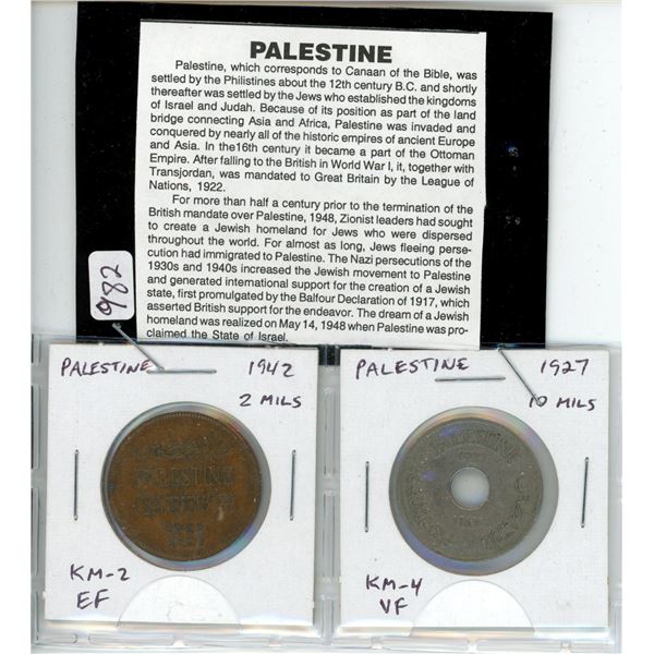 Lot of 2 coins from Palestine. 1942 2 Mils KM-2 EF and 1927 10 Mils KM-4 VF.