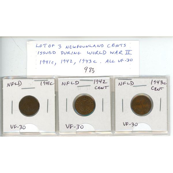 Lot of 3 Newfoundland Small Cents issued during World War II. 1941c, 1942, 1943c. All VF-30.