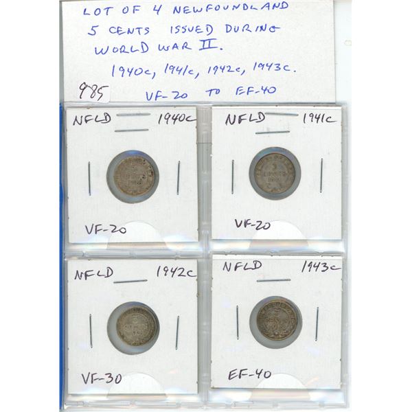 Lot of 4 Newfoundland Silver 5 Cents issued during World War II 1940c, 1941c, 1942c, 1943c. All mint