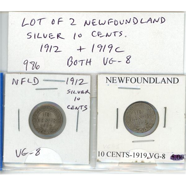 Lot of 2 Newfoundland Silver 10 cents. 1912 and 1919c. Both VG-8.