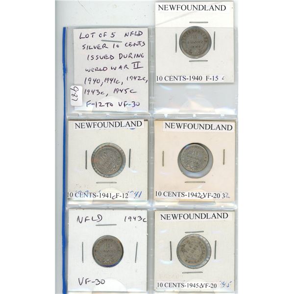 Lot of 5 Newfoundland Silver 10 Cents issued during World War II. 1940, 1941c, 1942c, 1943c, 1945c. 
