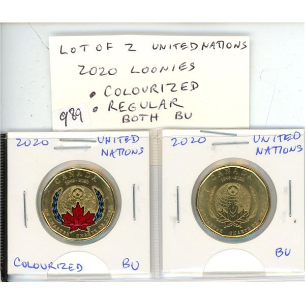 Lot of 2 United Nations 2020 Loonies. Colourized and Regular. Both BU from an original roll.