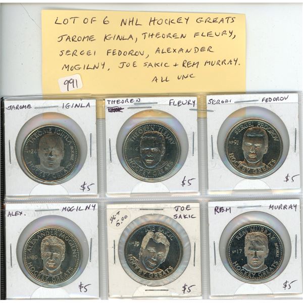 Lot of 6 NHL Hockey Greats Coins including Jarome iginla, Theoren Fleury, Sergei Fedorov, Alexander 