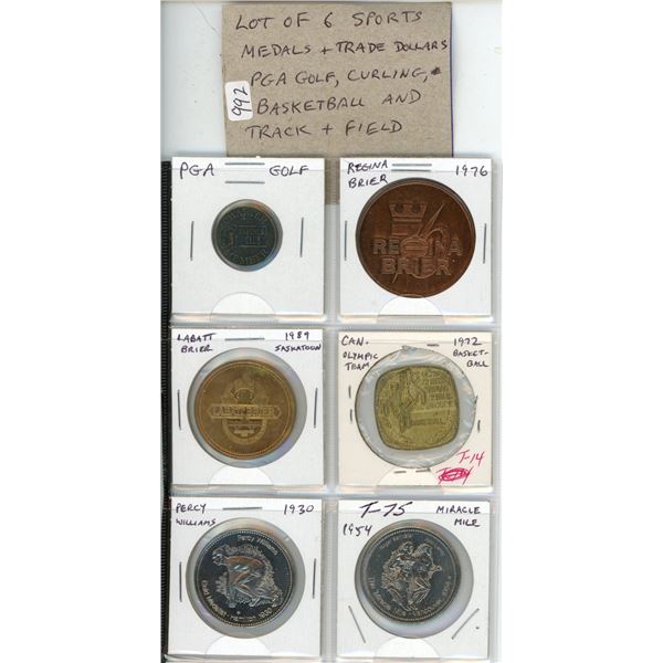 Lot of 6 Sports Medals and Trade Dollars. Includes PGA Golf, Curling, Basketball and Track & Field. 