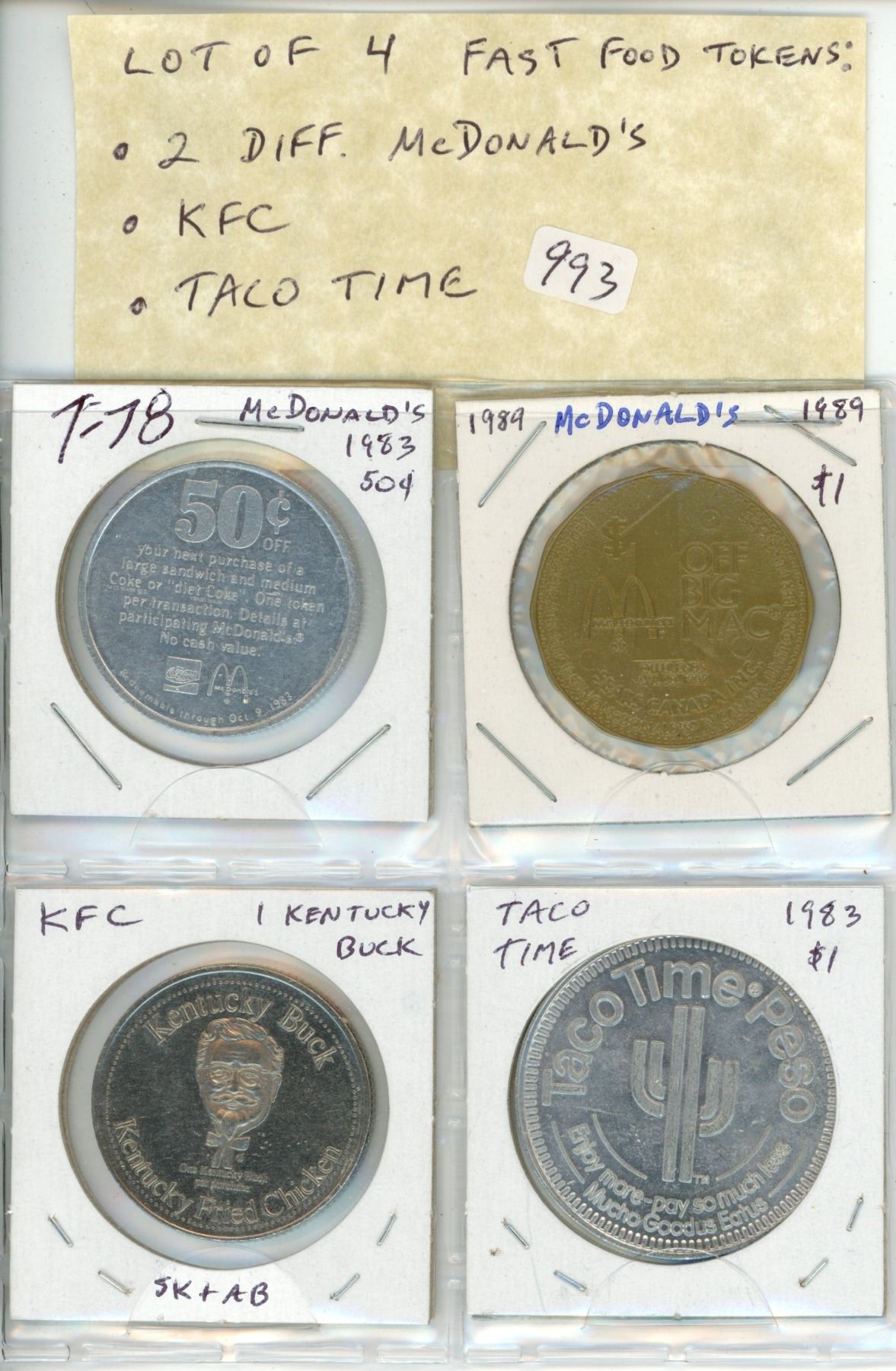 Lot of 4 Fast Food Tokens: 2 different McDonald’s, Kentucky Fried ...