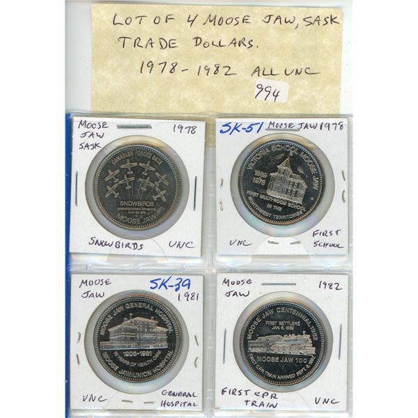 Lot of 4 Moose Jaw, Sask. Trade Dollars. 1978-1982. Includes Snow Birds, First School, General Hospi