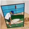 Image 5 : Stained glass golf scene 16"x12" and scrolled wood clock golfer