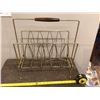 Image 1 : Vintage magazine rack, gold wire Mid-century.  Wood handle.  16" high