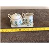 Image 1 : Miniature creamer/sugar bowl and tray.  Blue rose - 4 pieces.  Made in Japan.  Like new