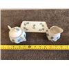 Image 2 : Miniature creamer/sugar bowl and tray.  Blue rose - 4 pieces.  Made in Japan.  Like new