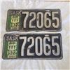 Image 1 : pair of Saskatchewan 1922 tag license plates 72065 (rare)