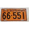 Image 1 : Saskatchewan 1939 license plate 66-551