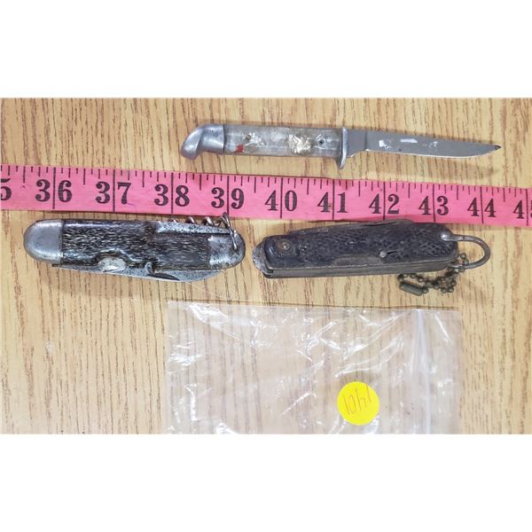 two large folding knives and a small dagger (some damaged) large thick steel blades